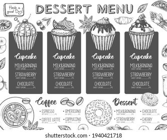 Restaurant dessert menu design. Decorative sketch of cupcakes and donuts. Sweet menu