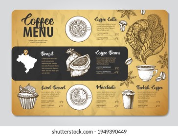 Restaurant dessert menu design. Decorative sketch of cupcakes and donuts. Sweet menu