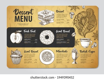 Restaurant dessert menu design. Decorative sketch of cupcakes and donuts. Sweet menu