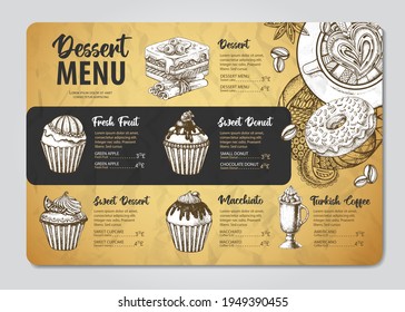 Restaurant dessert menu design. Decorative sketch of cupcakes and donuts. Sweet menu