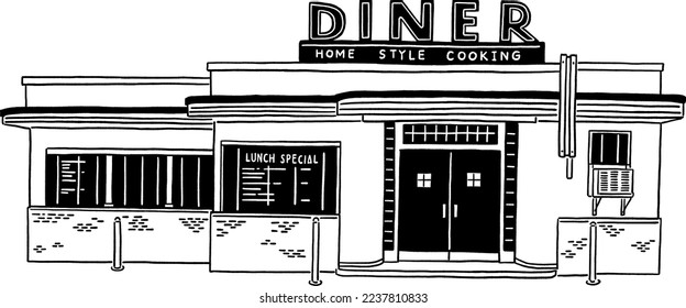 Restaurant Diner food and drink Ameriacan style Hand drawn line art Illustration