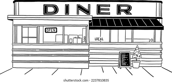 Restaurant Diner food and drink Ameriacan style Hand drawn line art Illustration