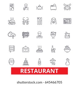 Restaurant: diner, menu, pub, culinary, bar, eating, cafe, food, cooking, dining line icons. Editable strokes. Flat design vector illustration symbol concept. Linear signs isolated on white background