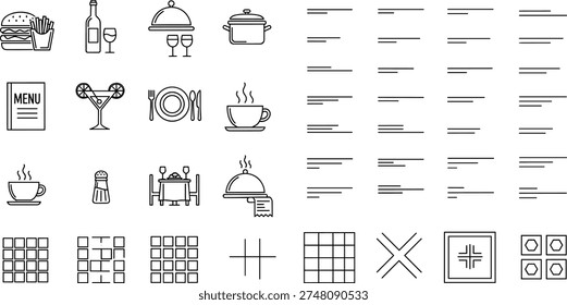 Restaurant and Dining Icon Set Featuring Food, Beverage, Menu, Table Settings, and Minimalist UI Web Design Elements for Creative Graphic Projects.