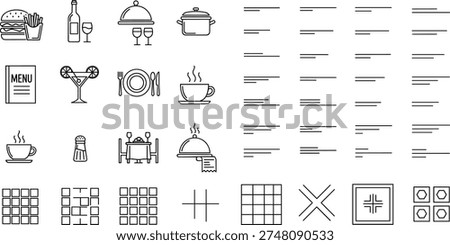 Restaurant and Dining Icon Set Featuring Food, Beverage, Menu, Table Settings, and Minimalist UI Web Design Elements for Creative Graphic Projects.