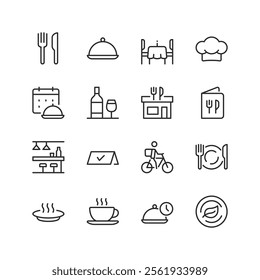 Restaurant and Dining, linear style icon set. Food service and hospitality. Plates, cutlery, chef, menu, and delivery options. Editable stroke width