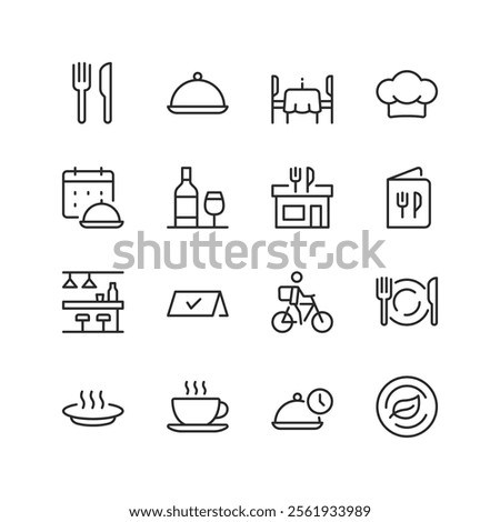 Restaurant and Dining, linear style icon set. Food service and hospitality. Plates, cutlery, chef, menu, and delivery options. Editable stroke width