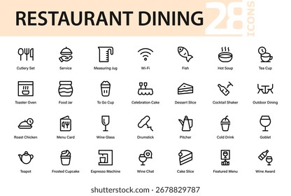 Restaurant dining Professional Line Icon Pack, Clean Minimal Vector Outline Collection of Cooking, Chef, Dining, Beverage, and Menu Graphic Elements