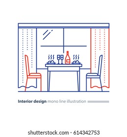 Diseño interior del comedor del restaurante, ventana con cortinas, mesa de café con platos y sillas, mobiliario casero ilustración vectorial línea de ilustración