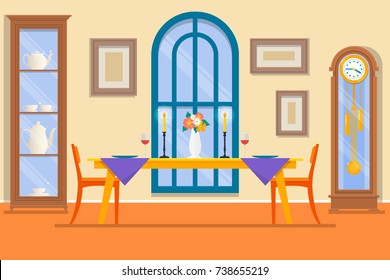 Restaurant or dining room interior. Dining table for date with glasses of wine, flowers, chairs and sideboard. Flat Vector illustration.