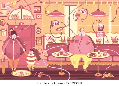 Restaurant, dining room, street cafe and fast food restaurant Illustration in flat design.