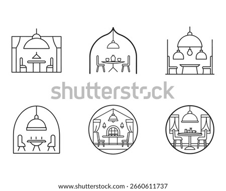 Restaurant dining scenes collection line art icons showing different interior arrangements and atmospheric lighting design ideas