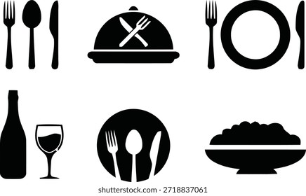 Juego de comedor de restaurante con cubiertos que sirven botella de vino y tazón de comida
