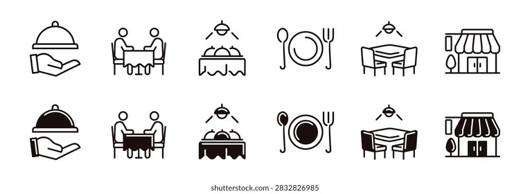 Restaurant dining table icon line set business cafe interior dining room furniture seating hospitality service signs vector illustration