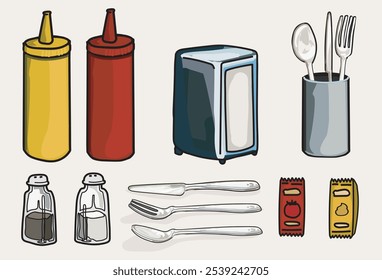 Juego de mesa de comedor de restaurante Servilletas Cubiertos Ketchup Mostaza Sal y pimienta Ilustración vectorial tradicional americana de estilo de comida rápida sobre fondo blanco