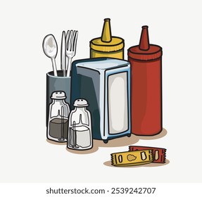 restaurant dining table set napkins cutlery ketchup mustard salt and peper. traditional american fast food style  vector illustration on white background