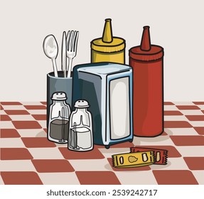 restaurant dining table set napkins cutlery ketchup mustard salt and peper. traditional american fast food style  vector illustration on white background