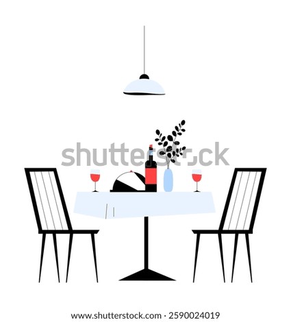 Restaurant Dinner Table With Wine And Meal In Flat Vector Illustration Symbolizing Fine Dining, Romantic Dinner, And Hospitality, Isolated On White Background