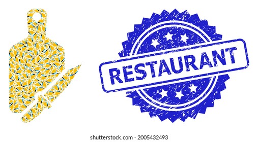 Sello de sellado sucio del restaurante y tablero de corte de composición recursiva vectorial y cuchillo. El sello azul incluye la etiqueta Restaurant dentro de la rosette.