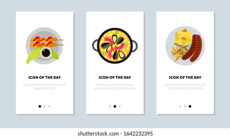 Restaurant dish flat icon set. Seafood, miso soup, sausages isolated sign pack. Food, menu, cuisine, meal concept. Vector illustration symbol elements for web design