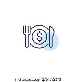 Restaurant dish, fork, knife and dollar. Meal cost, expensive dining venues. Pixel perfect, editable stroke vector icon