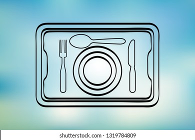 Restaurant dish icon. Food delivery. Logo vector on background of blue sky. Tray. Covered food. Restaurant cloche sketch icon for infographic, website or app.