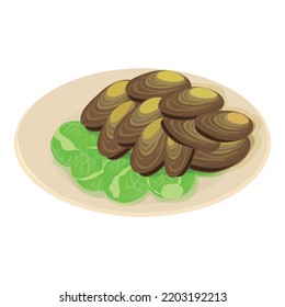 Icono de plato de restaurante vector isométrico. Brote de brocha y mejillón sobre plato blanco. Cocina tradicional belga, plato nacional