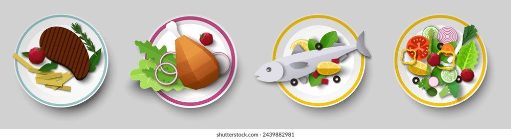 Restaurant dish with pork or beef steak meat, traditional spicy fish, delicious crispy chicken drumstick and fresh salad served on ceramic plate set. Barbecue or vegetarian food concept