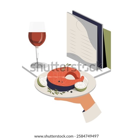 Restaurant Dish With Salmon And Wine In Flat Vector Illustration Symbolizing Fine Dining, Gourmet Cuisine, and Restaurant Service, Isolated On White Background
