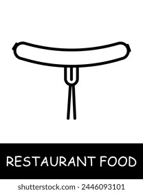Plato del restaurante, salchicha en un icono de tenedor. Servir, comida rápida, artesanía gourmet, creatividad culinaria, sencillez, silueta, bocadillo, comida gourmet. Delicioso, inusual concepto de comida.
