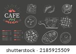 Restaurant dishes, cafe menu. Vintage sketch-style background on a blackboard
