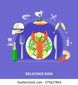 Restaurant dishes composition with waiter hands in gloves flatware food and drinks flat images and icons vector illustration