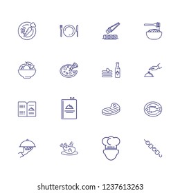 Restaurant dishes icons. Set of line icons. Yummy, cuisine, menu. Food service concept. Vector illustration can be used for topics like cooking, food, restaurant