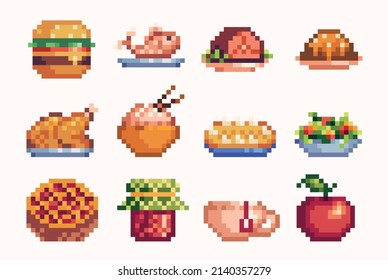 Restaurant dishes pixel art set. Salad, meat, fastfood collection. Food menu. 8-bit sprite. Game development, mobile app.  Isolated vector illustration.