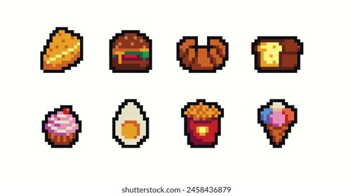 Restaurant dishes pixel art set. Meat, fast food collection. Food menu. 8-bit sprite. Game development, mobile app. Isolated vector illustration.