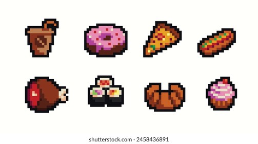 Restaurant dishes pixel art set. Meat, fast food collection. Food menu. 8-bit sprite. Game development, mobile app. Isolated vector illustration.