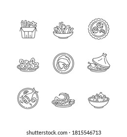 Restaurant dishes pixel perfect linear icons set. Fish and chips. Moules frites. Falafel dish. Customizable thin line contour symbols. Isolated vector outline illustrations. Editable stroke