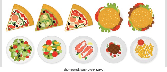 Restaurant dishes top view. Vector set.