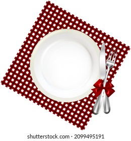 Restaurante Desprovisto De Horquilla Y Bow De Cuchillo Atado A La Ropa Roja De Gingham