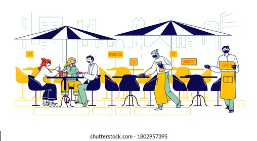 Restaurant Disinfection, Coronavirus Infection Spreading Prevention. Characters Sit at Outdoor Cafe, Waiter Cleaning Desk with Disinfectant or Antibacterial Liquid. Linear People Vector Illustration