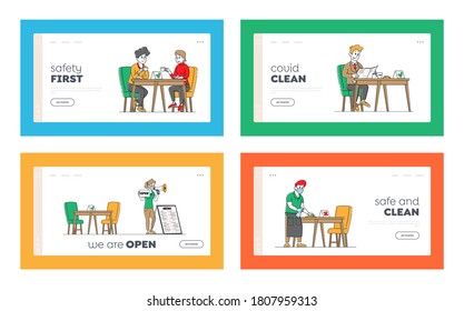 Restaurant Disinfection Landing Page Template Set. Coronavirus Infection Prevention, Characters at Disinfected Cafe, Waiter Cleaning Desk with Disinfectant Liquid. Linear People Vector Illustration