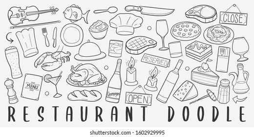 Restaurant Doodle Line Art Illustration. Hand Drawn Vector Clip Art. Banner Set Logos.