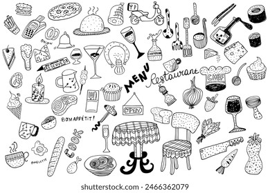 Restaurant, Café Doodle Line Art Illustration. Hand Drawn Pencil Vector Clip Art.