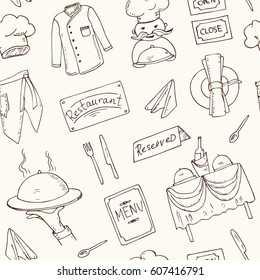 Restaurant Doodle Seamless Pattern. Hand Drawn. Vector Illustration