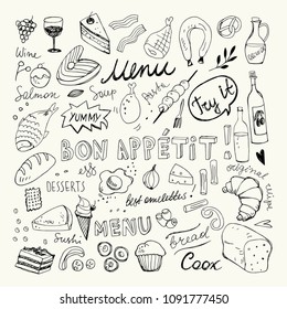 Restaurant Doodle Set. Hand Drawn Vector Illustration. Pencil Drawing. Bon Appetit Food Collection 