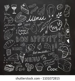 Restaurant Doodle Set. Hand Drawn Vector Illustration. Chalk Drawing. Bon Appetit Food Collection 