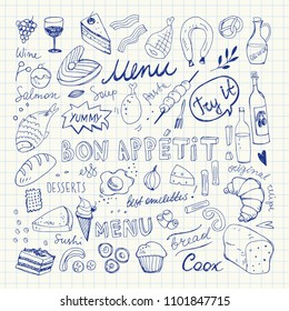 Restaurante Doodle Set. Ilustración del vector dibujado a mano. Dibujo de la pluma. Colección de alimentos Bon Appetit