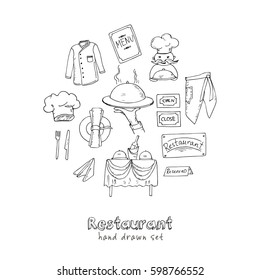 Restaurant doodle set. Hand drawn. Vector illustration