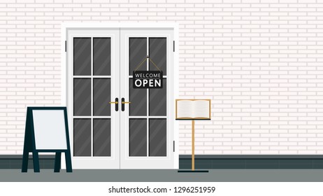 restaurant door vector. wallpaper. open label vector. free space for text. copy space.