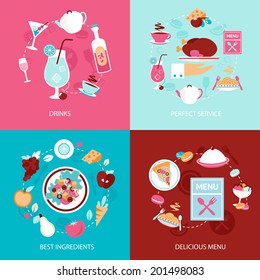 Restaurant drinks perfect service best ingredients delicious menu decorative icons set isolated vector illustration